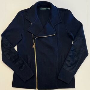 Lauren Ralph Lauren Women's Blue Asymmetrical Zip Jacket w/ Elbow Patch Sz S
